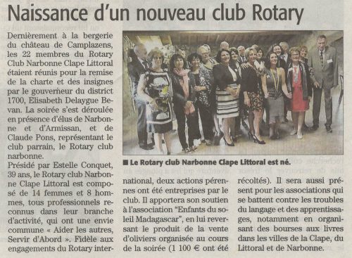 Article de presse naissance du Rotary Club de Narbonne Clape Littoral